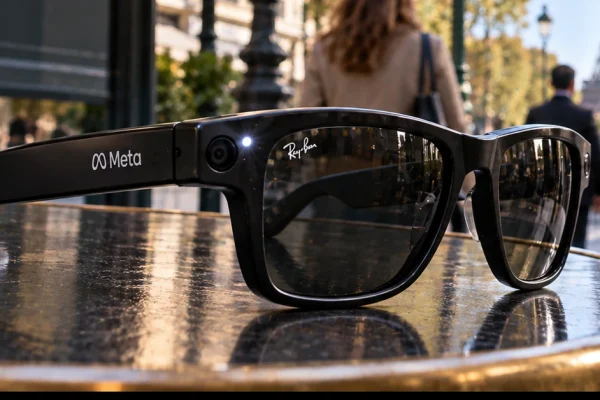 Editorial illustration of camera-equipped smart glasses in a Paris setting, representing privacy concerns over discreet wearable recording.