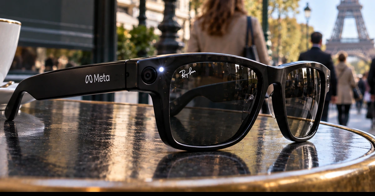 Editorial illustration of camera-equipped smart glasses in a Paris setting, representing privacy concerns over discreet wearable recording.