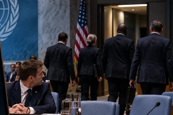 Diplomats leaving a United Nations meeting while a French delegate remains seated