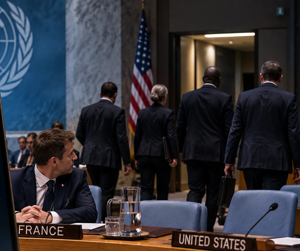 Diplomats leaving a United Nations meeting while a French delegate remains seated