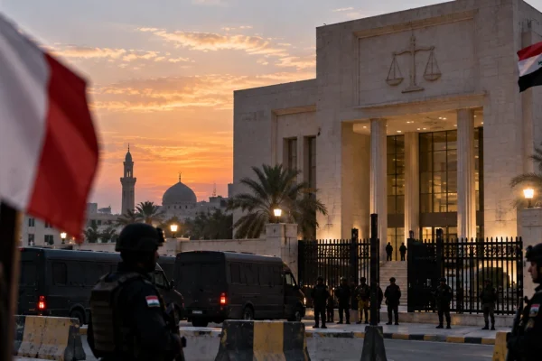 Editorial illustration of a guarded Iraqi courthouse with French and Iraqi flags representing upcoming trials of French Islamic State suspects.