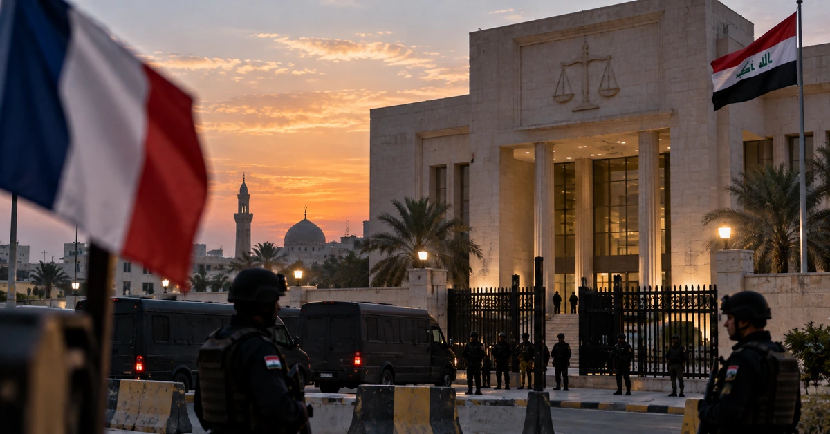 Editorial illustration of a guarded Iraqi courthouse with French and Iraqi flags representing upcoming trials of French Islamic State suspects.