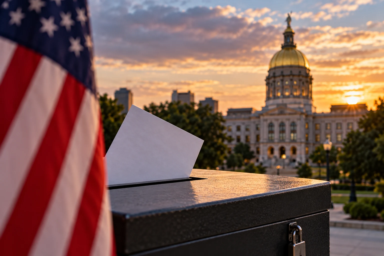 Blank ballot entering a secure ballot box near the Georgia state capitol at sunset