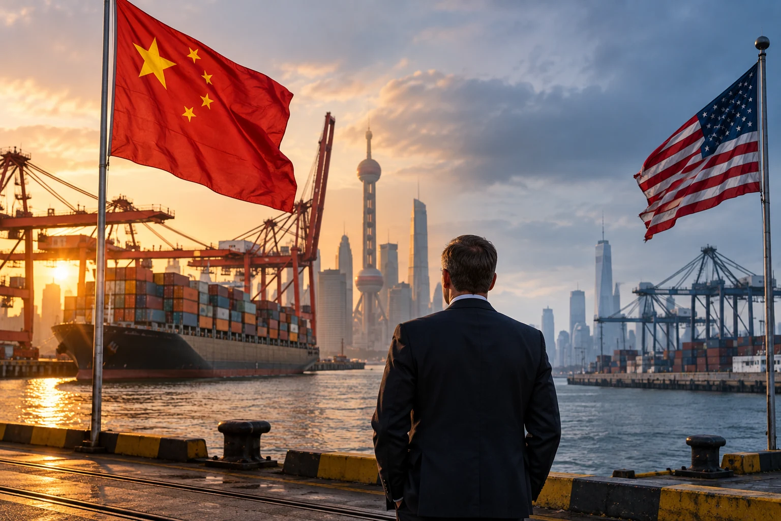 Businessman overlooking container ports framed by Chinese and American flags