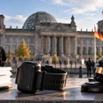 Illustration of German security and justice measures including electronic monitoring outside the Reichstag in Berlin.