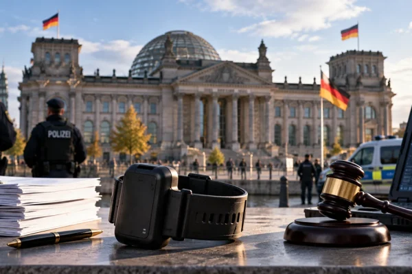 Illustration of German security and justice measures including electronic monitoring outside the Reichstag in Berlin.