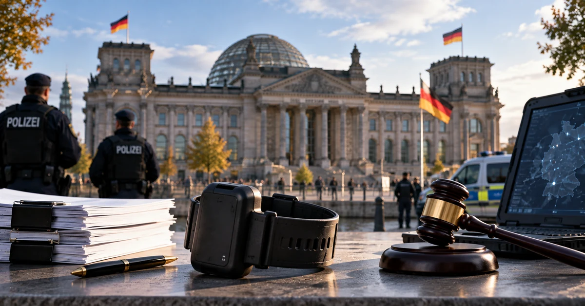 Illustration of German security and justice measures including electronic monitoring outside the Reichstag in Berlin.