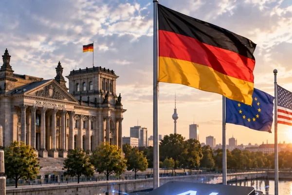 German and international flags near the Reichstag with futuristic artificial intelligence technology imagery