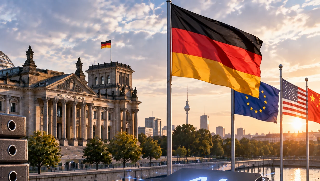 German and international flags near the Reichstag with futuristic artificial intelligence technology imagery