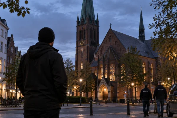 Illustration of a man observing a church in a German city while police officers patrol nearby.