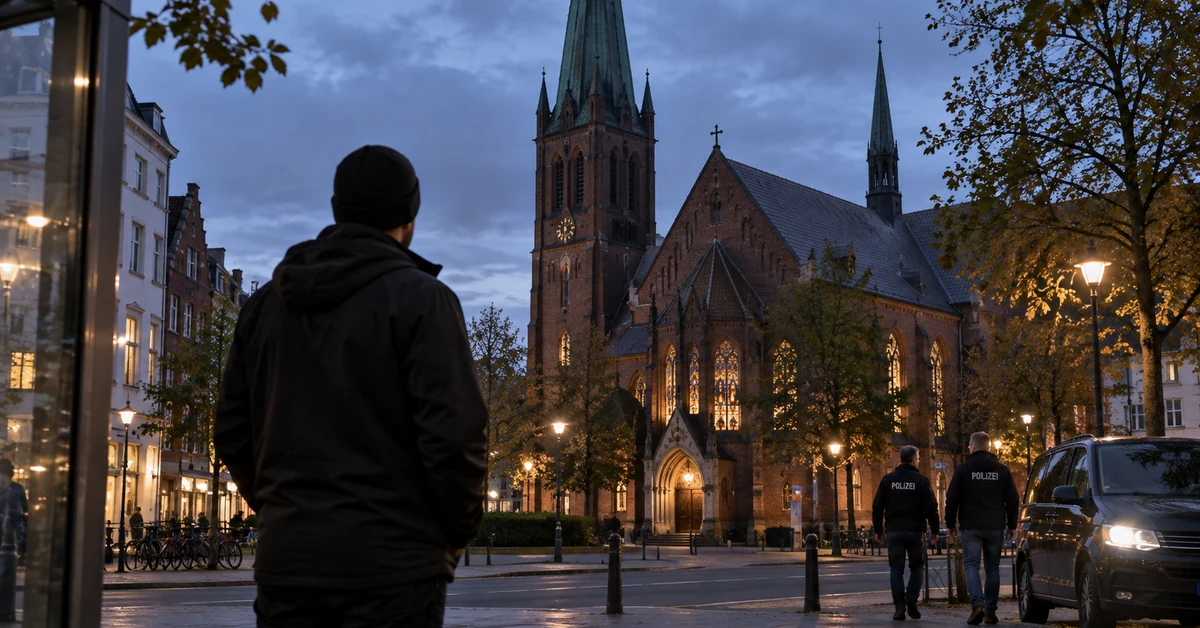 Illustration of a man observing a church in a German city while police officers patrol nearby.