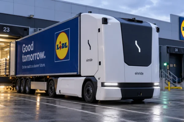Cab-less autonomous electric truck at a German distribution centre, illustrating Einride and Lidl's first regular public-road deployment.