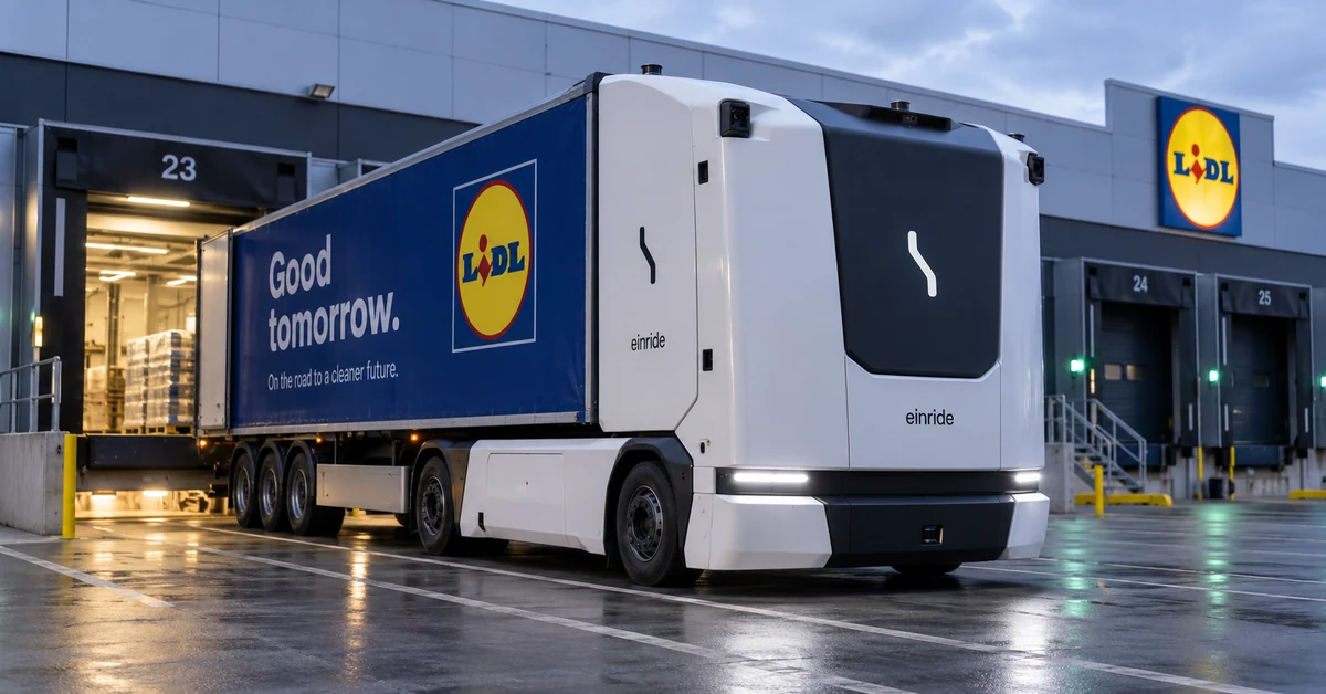 Cab-less autonomous electric truck at a German distribution centre, illustrating Einride and Lidl's first regular public-road deployment.