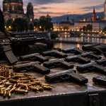 Seized rifles, pistols and ammunition arranged on a table with a European city skyline in the background