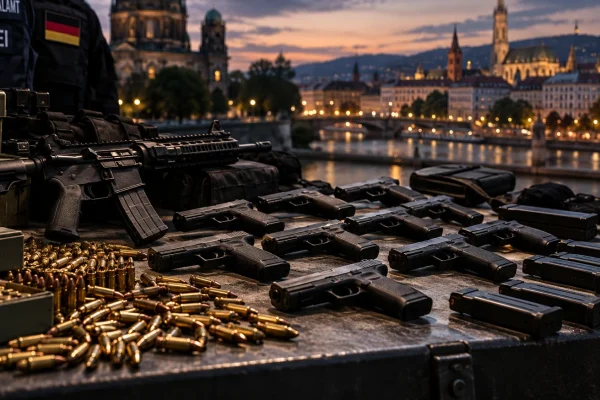 Seized rifles, pistols and ammunition arranged on a table with a European city skyline in the background