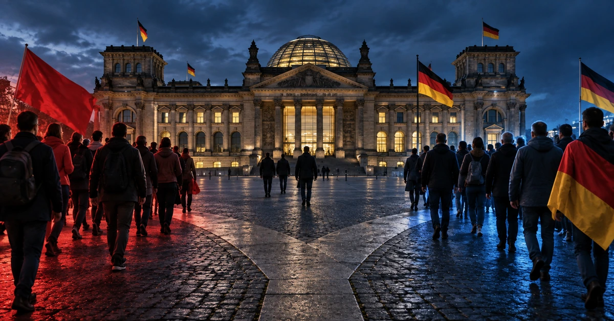 Editorial illustration of German voters splitting in different political directions outside the Reichstag in Berlin.