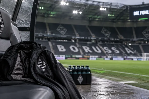 Empty Borussia Mönchengladbach dugout inside the club's stadium after a managerial dismissal