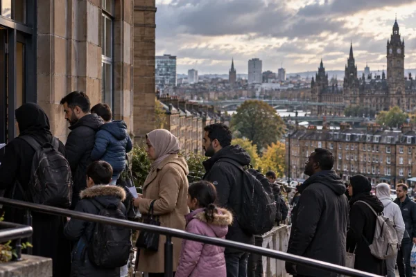 Illustration of people seeking accommodation assistance outside a Glasgow civic building with the city skyline behind them.