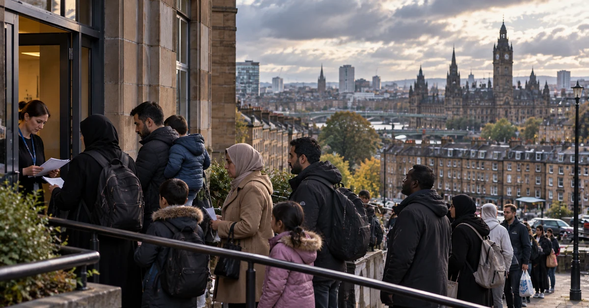 Illustration of people seeking accommodation assistance outside a Glasgow civic building with the city skyline behind them.