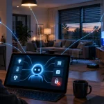 Illustration of an AI agent connected to smart-home devices while sensitive door controls remain blocked.