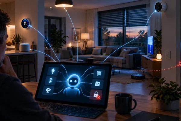 Illustration of an AI agent connected to smart-home devices while sensitive door controls remain blocked.