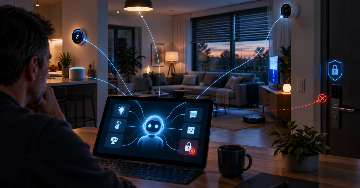 Illustration of an AI agent connected to smart-home devices while sensitive door controls remain blocked.