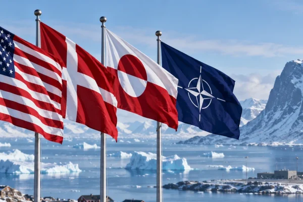 Editorial illustration of US, Danish, Greenlandic and NATO flags overlooking Arctic military infrastructure in Greenland.