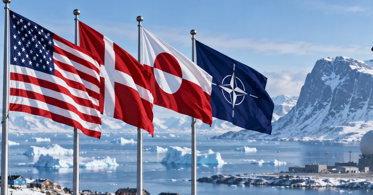 Editorial illustration of US, Danish, Greenlandic and NATO flags overlooking Arctic military infrastructure in Greenland.