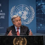 Illustration of the UN Secretary-General addressing international cooperation on artificial intelligence safety.