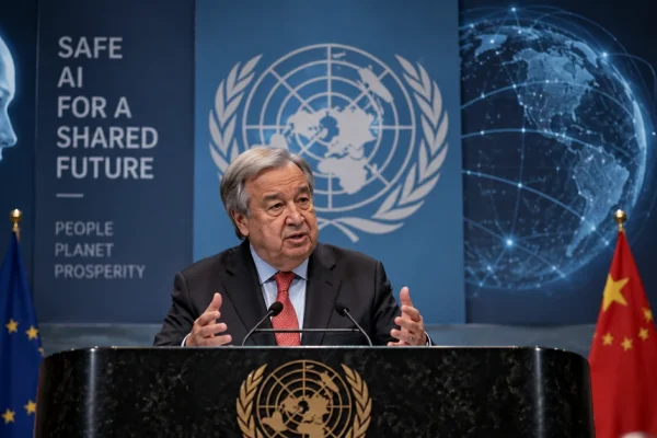 Illustration of the UN Secretary-General addressing international cooperation on artificial intelligence safety.