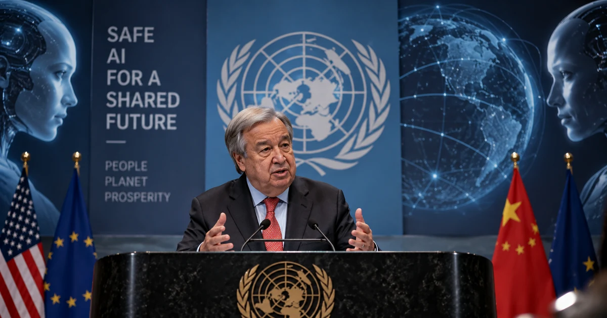 Illustration of the UN Secretary-General addressing international cooperation on artificial intelligence safety.