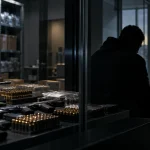 Editorial illustration of weapons and ammunition in an evidence room while an unidentified intelligence source sits behind glass in a German institutional setting.