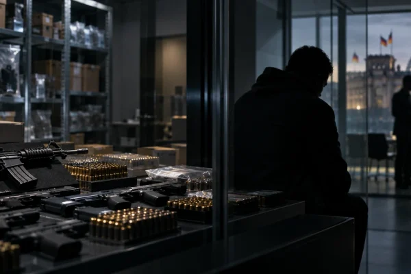 Editorial illustration of weapons and ammunition in an evidence room while an unidentified intelligence source sits behind glass in a German institutional setting.