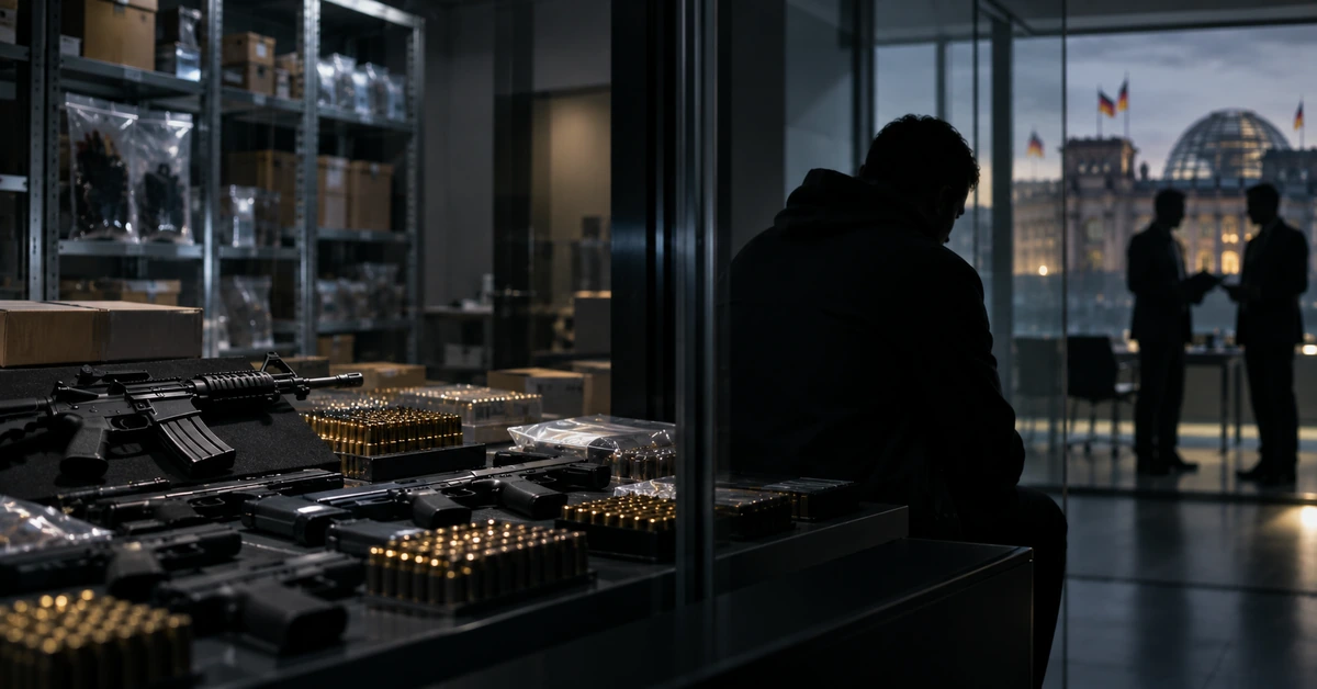 Editorial illustration of weapons and ammunition in an evidence room while an unidentified intelligence source sits behind glass in a German institutional setting.