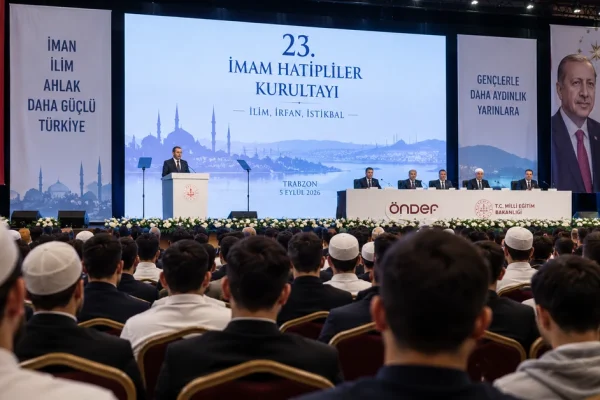 Large Turkish religious-education congress with an audience facing a formal stage, illustrating the reported Imam Hatipliler Congress controversy.