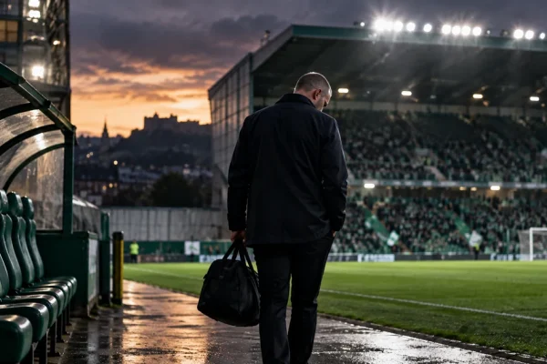 Illustration of a football manager leaving a stadium dugout after his dismissal.