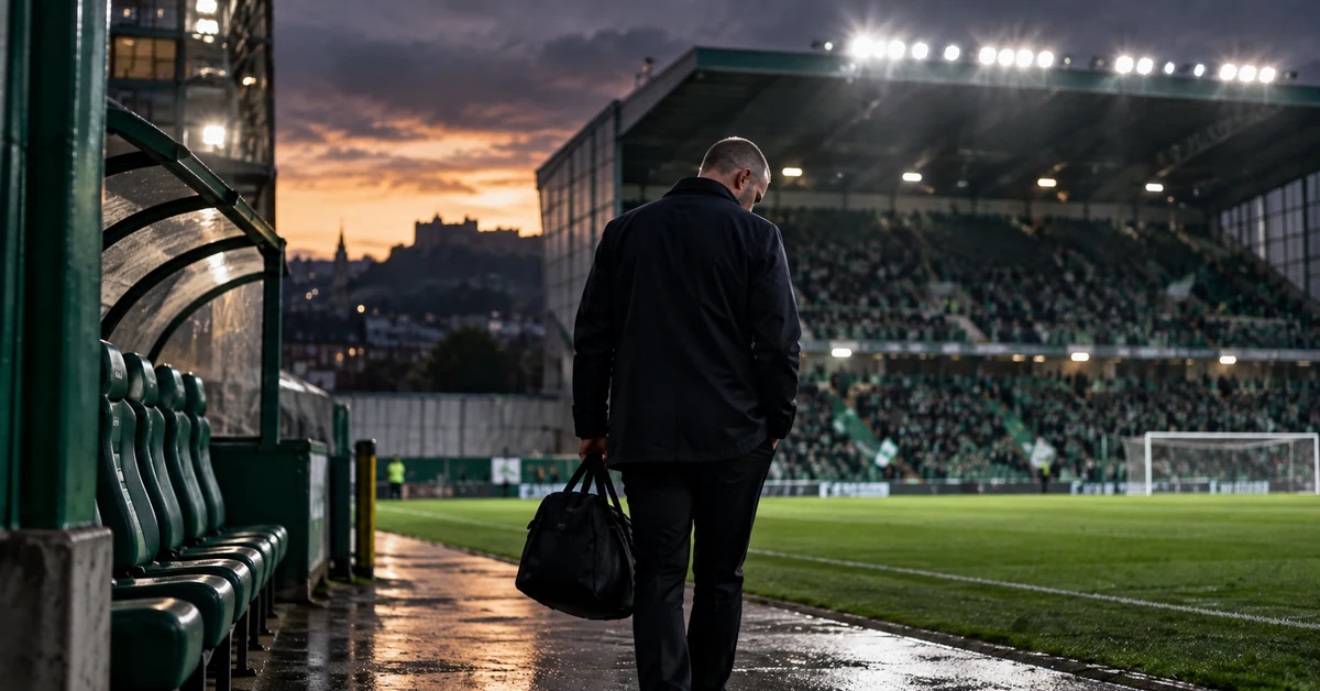 Illustration of a football manager leaving a stadium dugout after his dismissal.