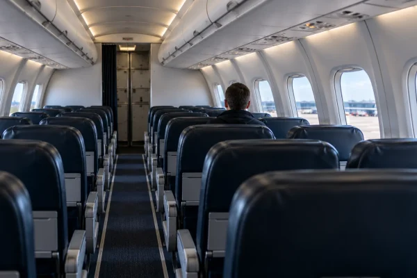 Nearly empty passenger aircraft cabin with one person seated alone and a UK airport visible outside