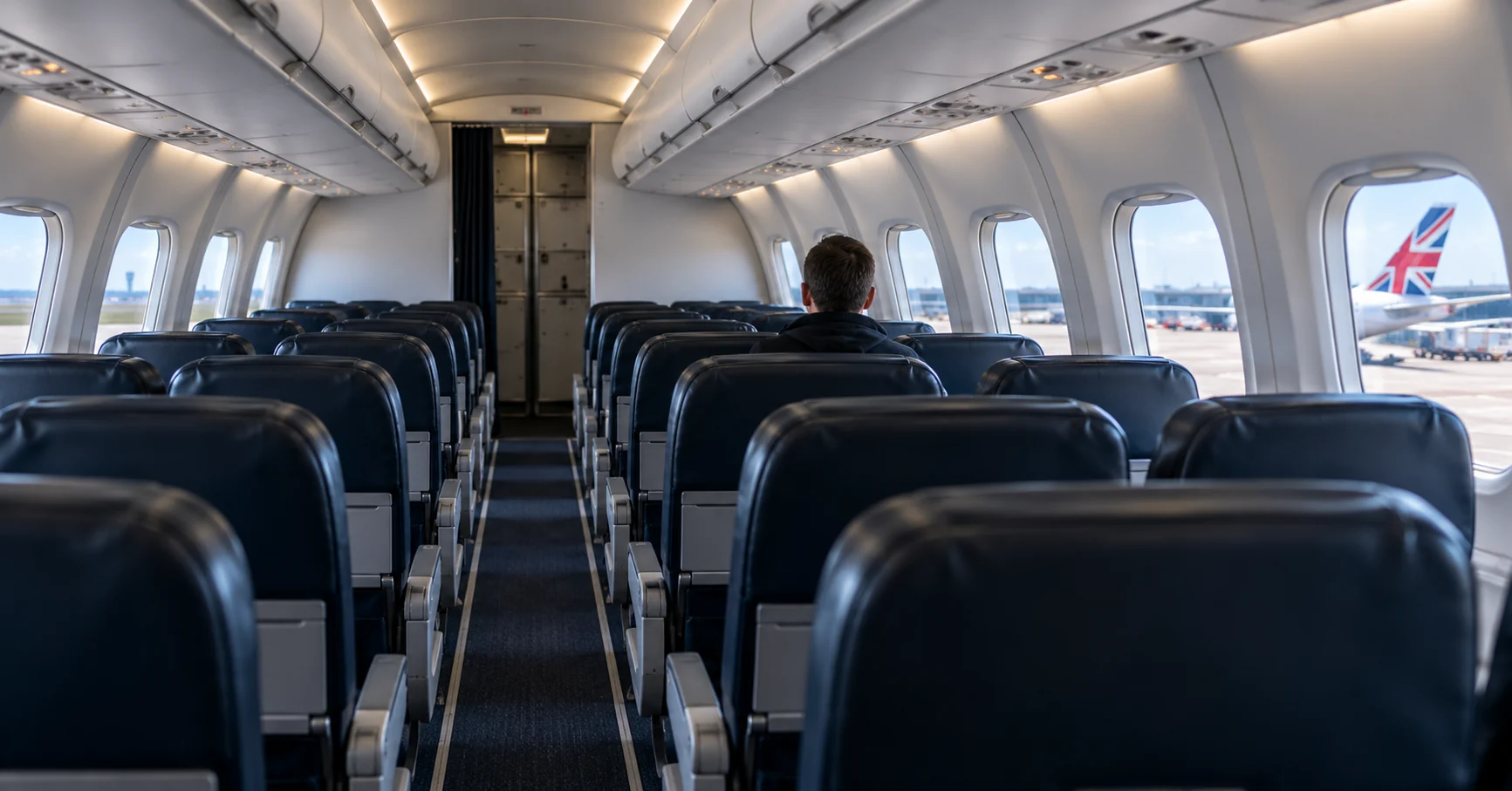 Nearly empty passenger aircraft cabin with one person seated alone and a UK airport visible outside