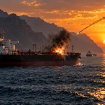 Oil tanker struck by a projectile while transiting a narrow Middle Eastern shipping route