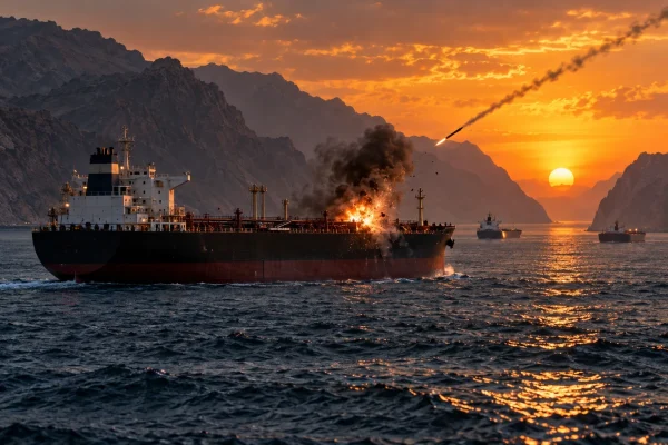 Oil tanker struck by a projectile while transiting a narrow Middle Eastern shipping route