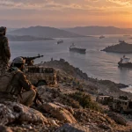 Illustration of Houthi fighters overlooking shipping through the Bab el-Mandeb Strait after advances along Yemen's Red Sea coast.