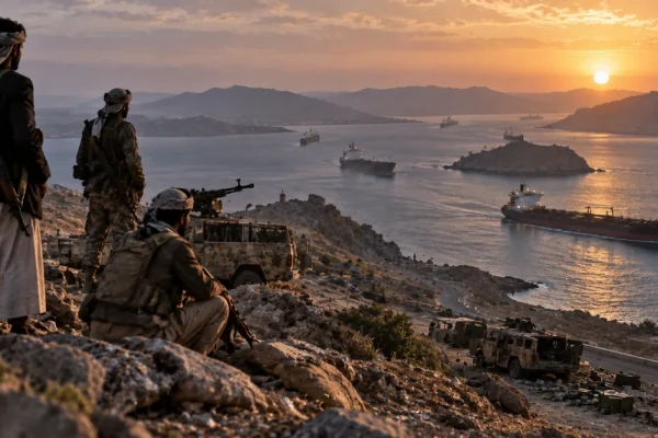 Illustration of Houthi fighters overlooking shipping through the Bab el-Mandeb Strait after advances along Yemen's Red Sea coast.
