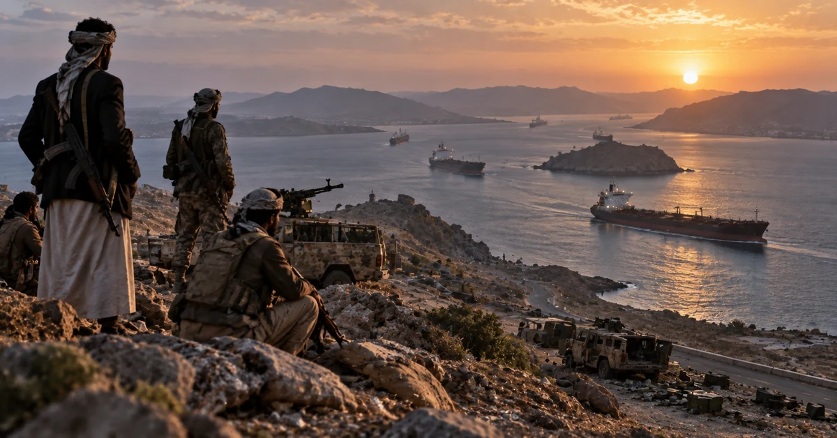 Illustration of Houthi fighters overlooking shipping through the Bab el-Mandeb Strait after advances along Yemen's Red Sea coast.