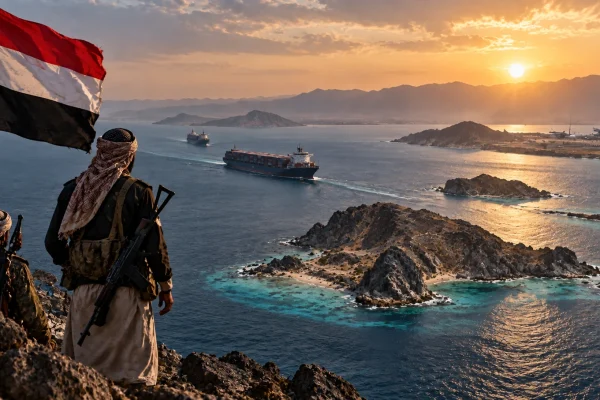Armed Houthi fighters overlooking Red Sea islands and commercial shipping near a strategic maritime chokepoint