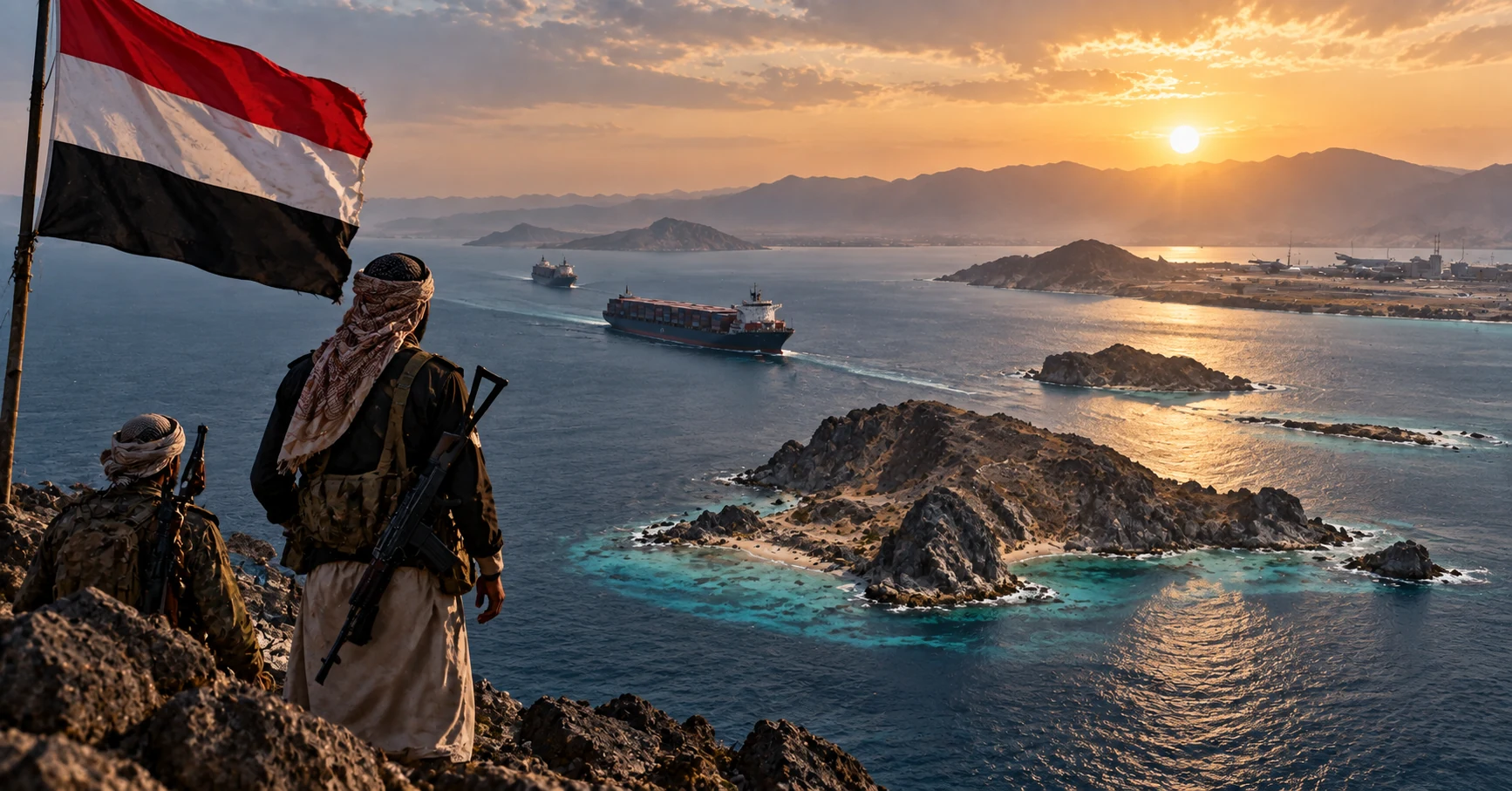 Armed Houthi fighters overlooking Red Sea islands and commercial shipping near a strategic maritime chokepoint