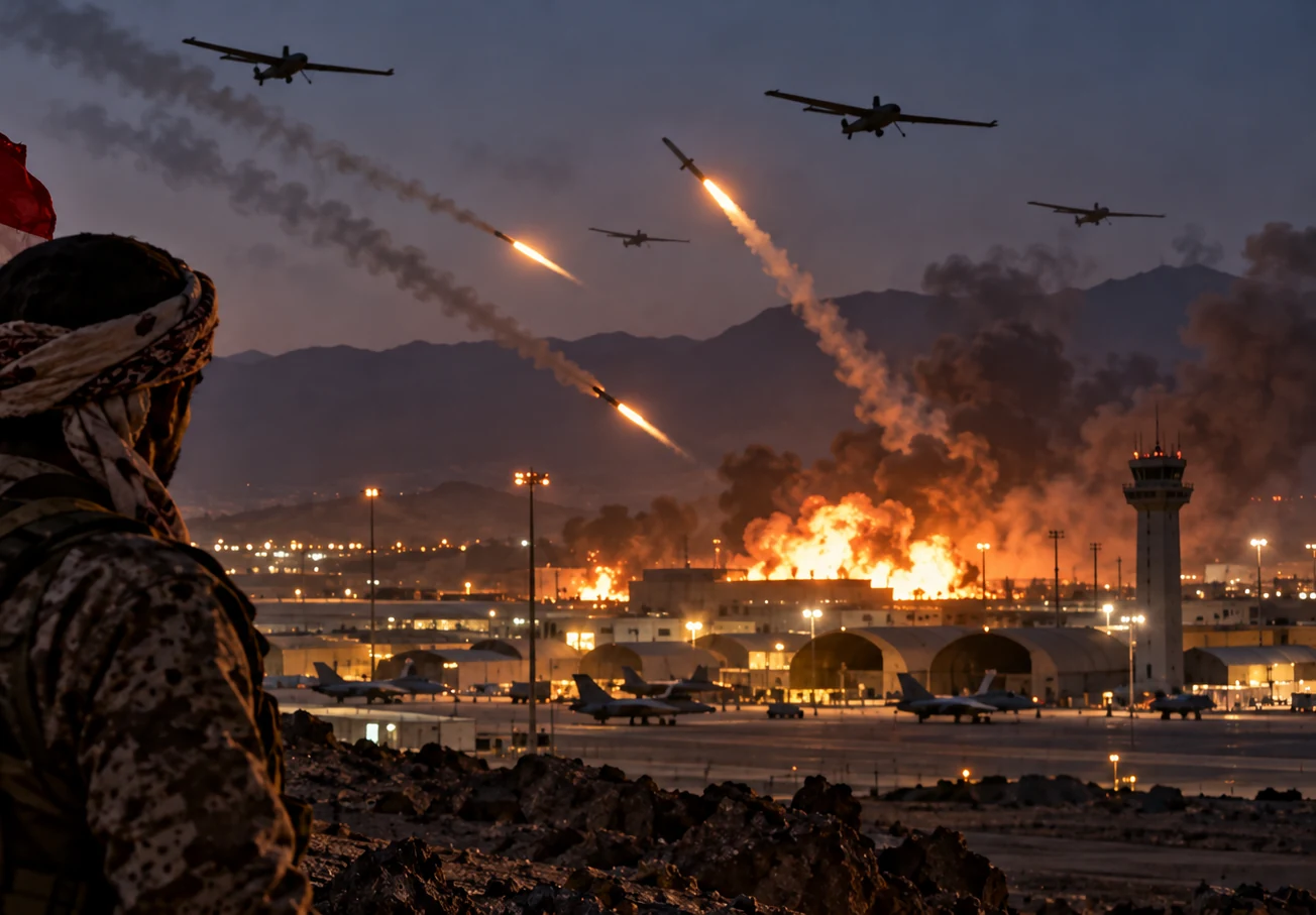 Missiles and drones striking a military airbase at dusk during a regional conflict