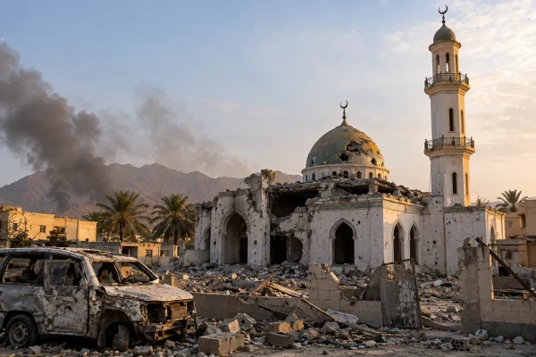 Damaged mosque and vehicle amid rubble following a projectile strike