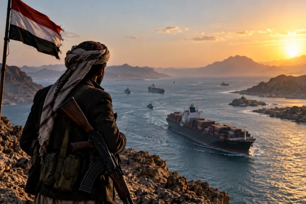 Armed figure overlooking commercial shipping passing through the Bab el-Mandeb Strait at sunset