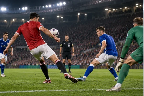 A footballer controlling the ball near goal during a disputed handball situation under stadium floodlights.
